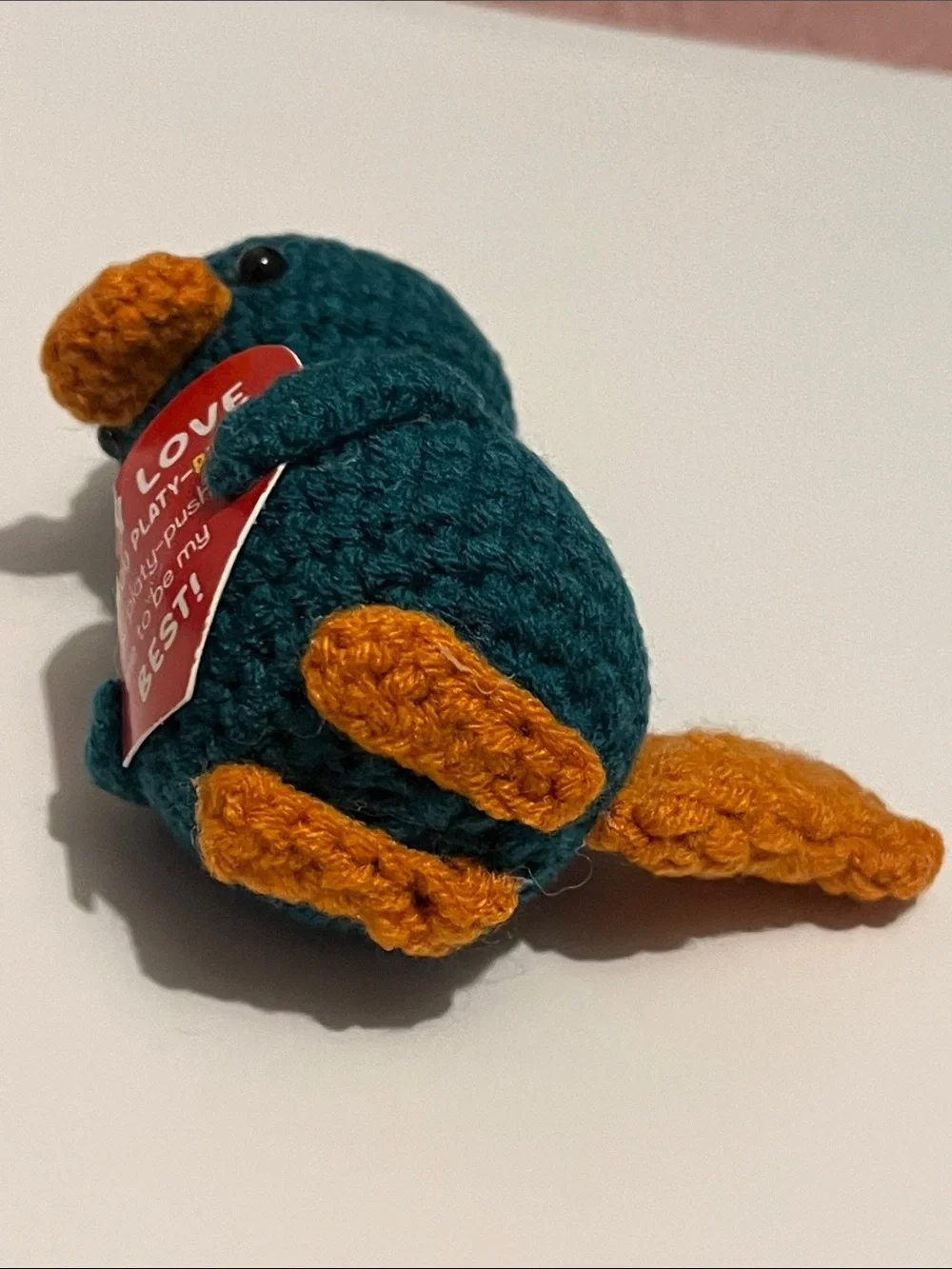 Hand Crafted Teal Plush Bird with Orange Beak and Heart